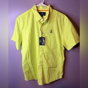 Psycho Bunny Mens Button Up Shirt Large Green White Stripe Pima Cotton NWT